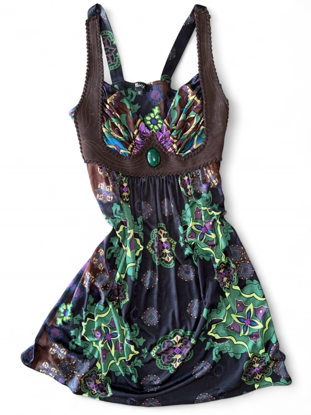 Boho Sky 100% Silk Y2K Whimsigoth Babydoll Patterned Dress Top Suede Trim USA S